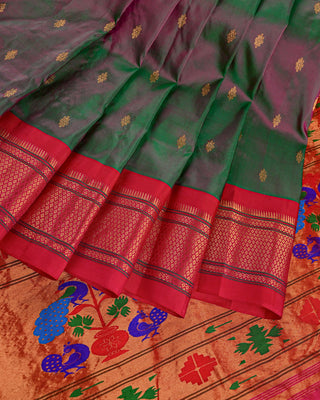 Green and rani pink pure silk Paithani saree with gold zari Narali border and multicolour peacock floral pallu