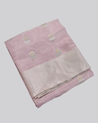 Pastel lavender tissue Chanderi silk saree with silver zari floral buttas orange meenakari and trellis pallu