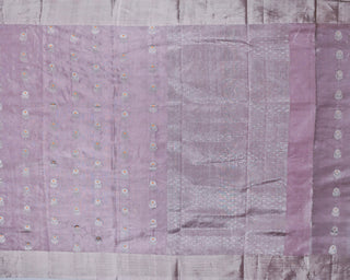 Pastel lavender tissue Chanderi silk saree with silver zari floral buttas orange meenakari and trellis pallu