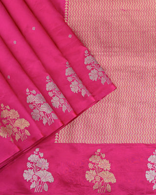 Fuchsia Pink Handwoven Banarasi Poona Silk Saree with Delicate Zari Floral Buttas