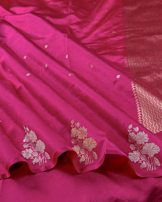 Fuchsia Pink Handwoven Banarasi Poona Silk Saree with Delicate Zari Floral Buttas