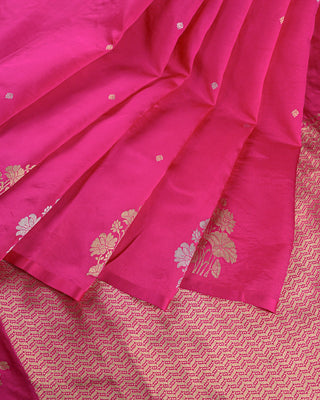 Fuchsia Pink Handwoven Banarasi Poona Silk Saree with Delicate Zari Floral Buttas