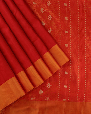 Bright crimson red soft silk saree with contrast orange border and golden zari pallu