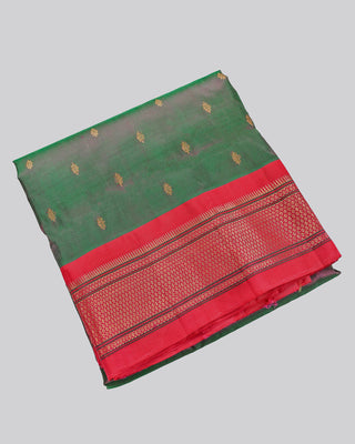 Green and rani pink pure silk Paithani saree with gold zari Narali border and multicolour peacock floral pallu