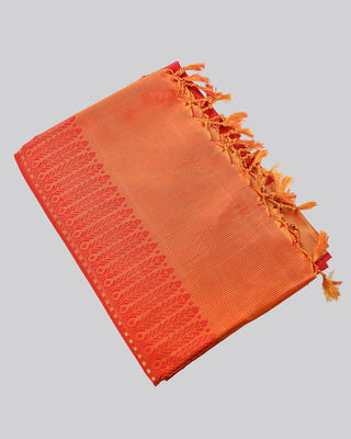 Bright crimson red soft silk saree with contrast orange border and golden zari pallu