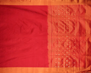 Bright crimson red soft silk saree with contrast orange border and golden zari pallu