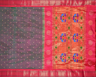 Green and rani pink pure silk Paithani saree with gold zari Narali border and multicolour peacock floral pallu