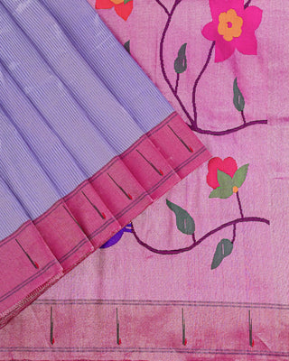 Lilac pure silk tissue Paithani saree with pink contrast Muniya border and multicolour peacock floral pallu