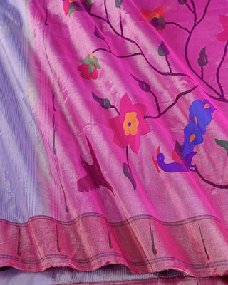 Lilac pure silk tissue Paithani saree with pink contrast Muniya border and multicolour peacock floral pallu