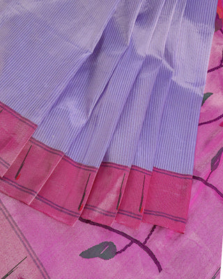 Lilac pure silk tissue Paithani saree with pink contrast Muniya border and multicolour peacock floral pallu