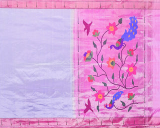Lilac pure silk tissue Paithani saree with pink contrast Muniya border and multicolour peacock floral pallu
