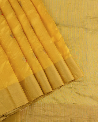 Mustard Yellow Handwoven Pure Chanderi Silk Saree with Gold Zari Floral Motifs and Red Meenakari