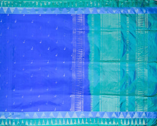 Peacock blue soft silk saree with contrast aqua green korvai temple border