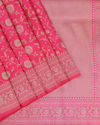 Rani Pink Banarasi Pure Silk Brocade Saree with Floral Jaal and Paisley Border
