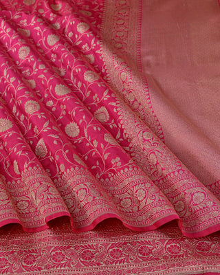 Rani Pink Banarasi Pure Silk Brocade Saree with Floral Jaal and Paisley Border