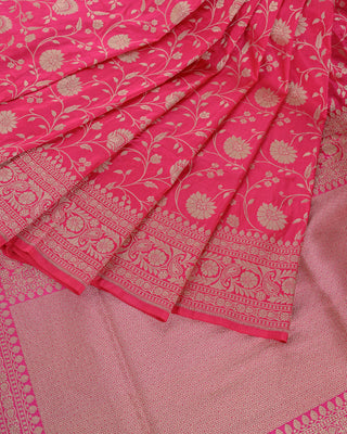 Rani Pink Banarasi Pure Silk Brocade Saree with Floral Jaal and Paisley Border