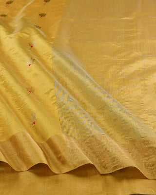 Mustard Yellow Handwoven Pure Chanderi Silk Saree with Gold Zari Floral Motifs and Red Meenakari