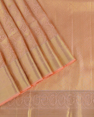 Pastel peach pink Kanjivaram silk saree with deer and peacock zari motifs