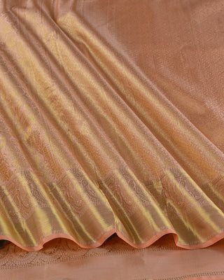 Pastel peach pink Kanjivaram silk saree with deer and peacock zari motifs
