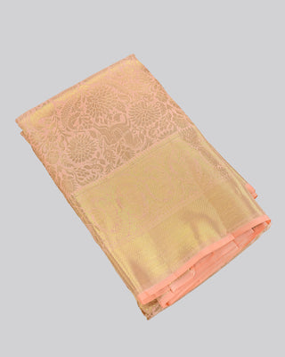 Pastel peach pink Kanjivaram silk saree with deer and peacock zari motifs