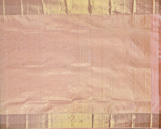 Pastel peach pink Kanjivaram silk saree with deer and peacock zari motifs