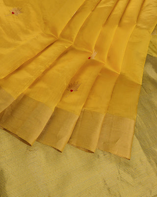 Mustard Yellow Handwoven Pure Chanderi Silk Saree with Gold Zari Floral Motifs and Red Meenakari