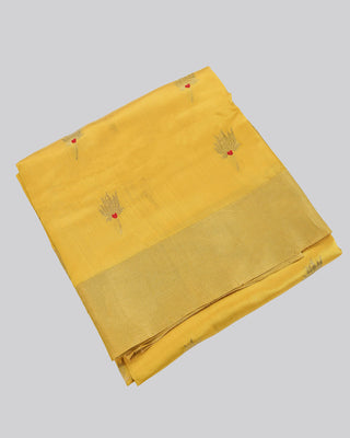 Mustard Yellow Handwoven Pure Chanderi Silk Saree with Gold Zari Floral Motifs and Red Meenakari