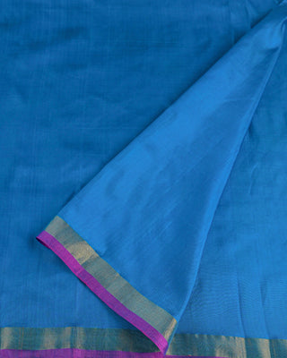 Ocean blue Uppada silk Jamdani saree with silver zari floral motifs circular rose border and magenta pink edge