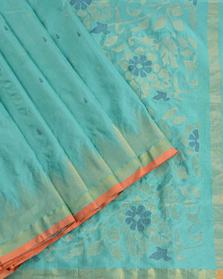 Sea green Uppada silk Jamdani saree with gold zari floral pallu dual tone buttas and contrast orange piping border