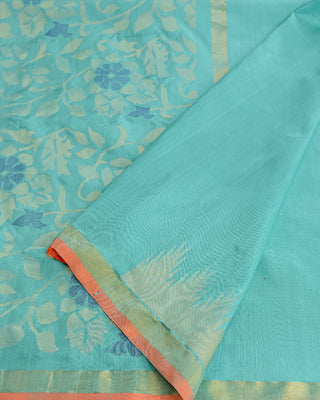 Sea green Uppada silk Jamdani saree with gold zari floral pallu dual tone buttas and contrast orange piping border