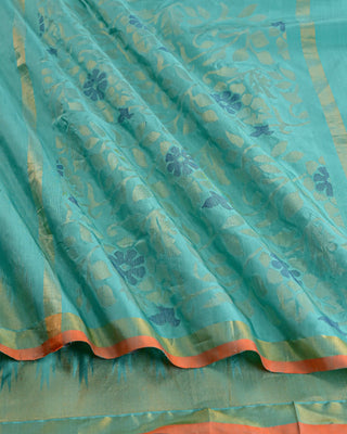 Sea green Uppada silk Jamdani saree with gold zari floral pallu dual tone buttas and contrast orange piping border