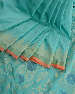 Sea green Uppada silk Jamdani saree with gold zari floral pallu dual tone buttas and contrast orange piping border