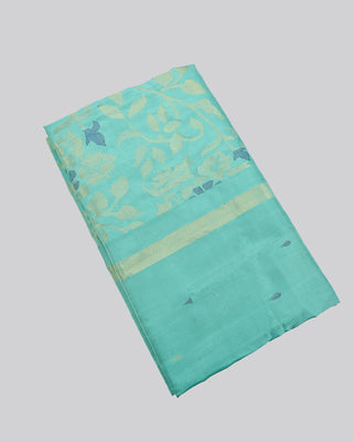 Sea green Uppada silk Jamdani saree with gold zari floral pallu dual tone buttas and contrast orange piping border
