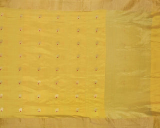 Mustard Yellow Handwoven Pure Chanderi Silk Saree with Gold Zari Floral Motifs and Red Meenakari