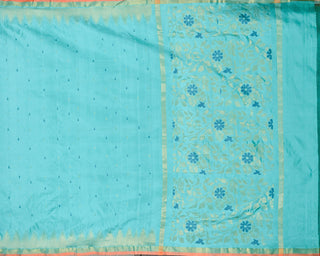Sea green Uppada silk Jamdani saree with gold zari floral pallu dual tone buttas and contrast orange piping border