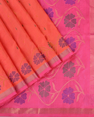 Orange pure silk Uppada Jamdani saree with contrast pink floral border dense pallu and matching pink blouse piece