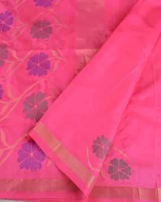 Orange pure silk Uppada Jamdani saree with contrast pink floral border dense pallu and matching pink blouse piece