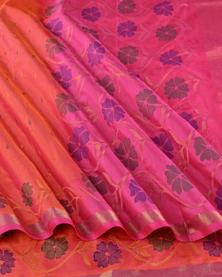 Orange pure silk Uppada Jamdani saree with contrast pink floral border dense pallu and matching pink blouse piece