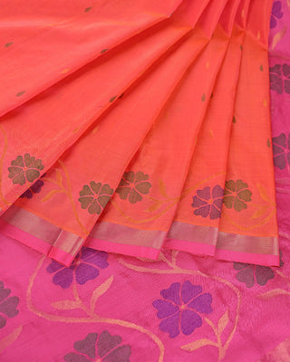 Orange pure silk Uppada Jamdani saree with contrast pink floral border dense pallu and matching pink blouse piece