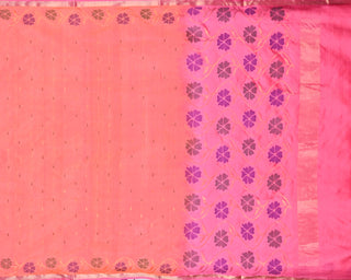 Orange pure silk Uppada Jamdani saree with contrast pink floral border dense pallu and matching pink blouse piece