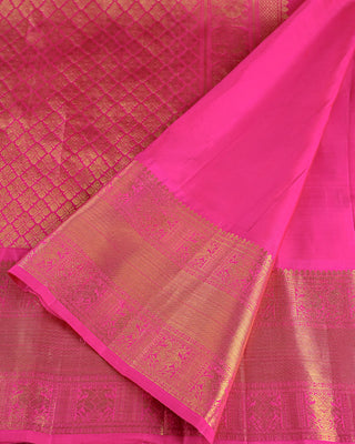 Teal green and blue dual-tone Kanjivaram saree with purple peacock border