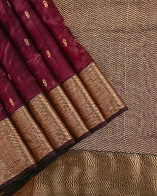 Dark Wine Handwoven Chanderi Pure Silk Saree with Antique Gold Zari Chevron Border, Floral Buttas, and Textured Pallu