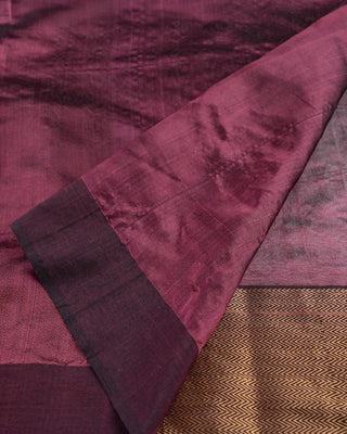 Dark Wine Handwoven Chanderi Pure Silk Saree with Antique Gold Zari Chevron Border, Floral Buttas, and Textured Pallu