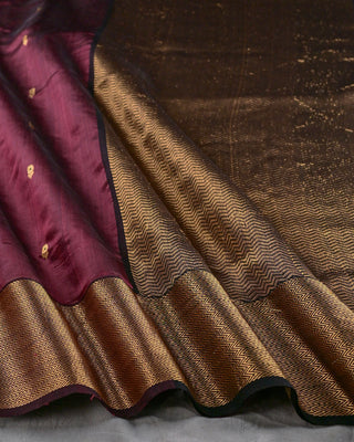 Dark Wine Handwoven Chanderi Pure Silk Saree with Antique Gold Zari Chevron Border, Floral Buttas, and Textured Pallu