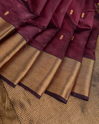 Dark Wine Handwoven Chanderi Pure Silk Saree with Antique Gold Zari Chevron Border, Floral Buttas, and Textured Pallu