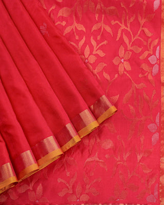 Rani pink pure silk Uppada Jamdani saree with contrast golden yellow and gold zari border and floral vine pallu