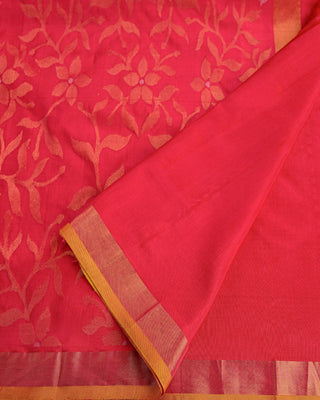 Rani pink pure silk Uppada Jamdani saree with contrast golden yellow and gold zari border and floral vine pallu