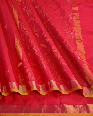 Rani pink pure silk Uppada Jamdani saree with contrast golden yellow and gold zari border and floral vine pallu