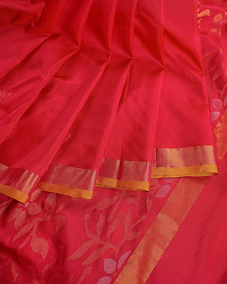 Rani pink pure silk Uppada Jamdani saree with contrast golden yellow and gold zari border and floral vine pallu