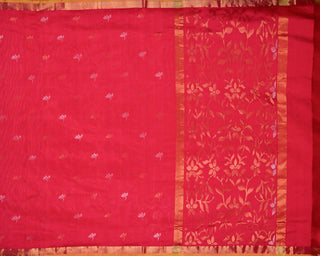 Rani pink pure silk Uppada Jamdani saree with contrast golden yellow and gold zari border and floral vine pallu
